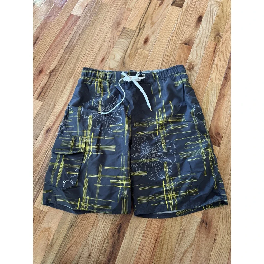 Starting Point Mens 2XL Board Shorts Gray Yellow Floral Plaid Cargo Swim Trunks